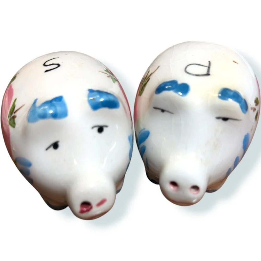 Vintage Style Micro Ceramic Piggy Salt and Pepper Shakers Pink Floral Set
